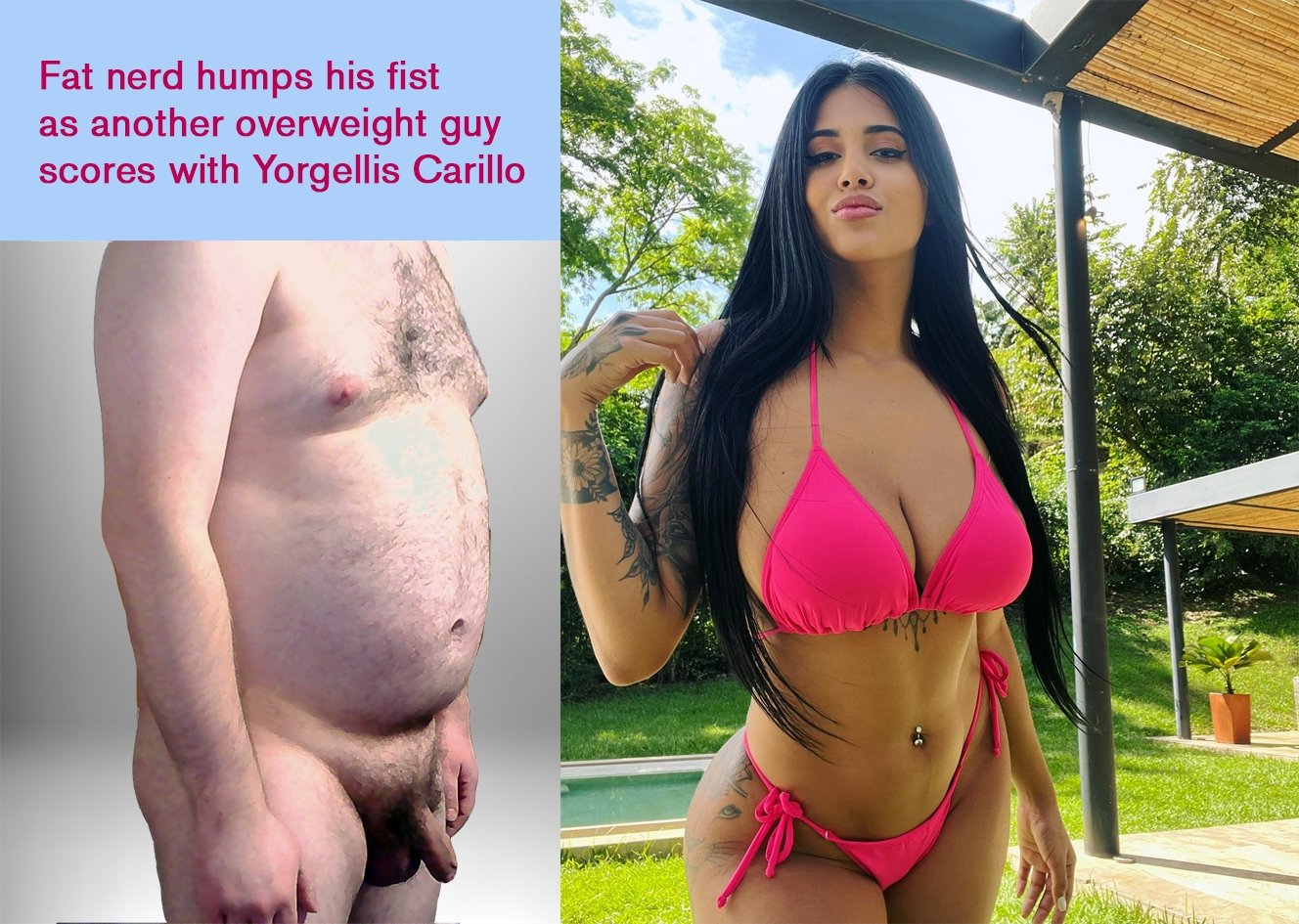 Fat nerd humps his fist and moans as another overweight guy scores with Yorgellis Carrillo #LPkBDE1J